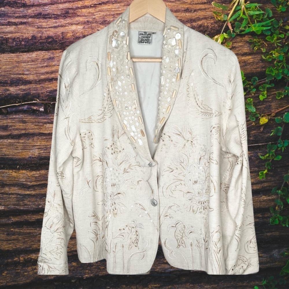 Vintage 90s fully Embroidered,floral pattern&beaded,linen cream XL EUC - Picture 5 of 7